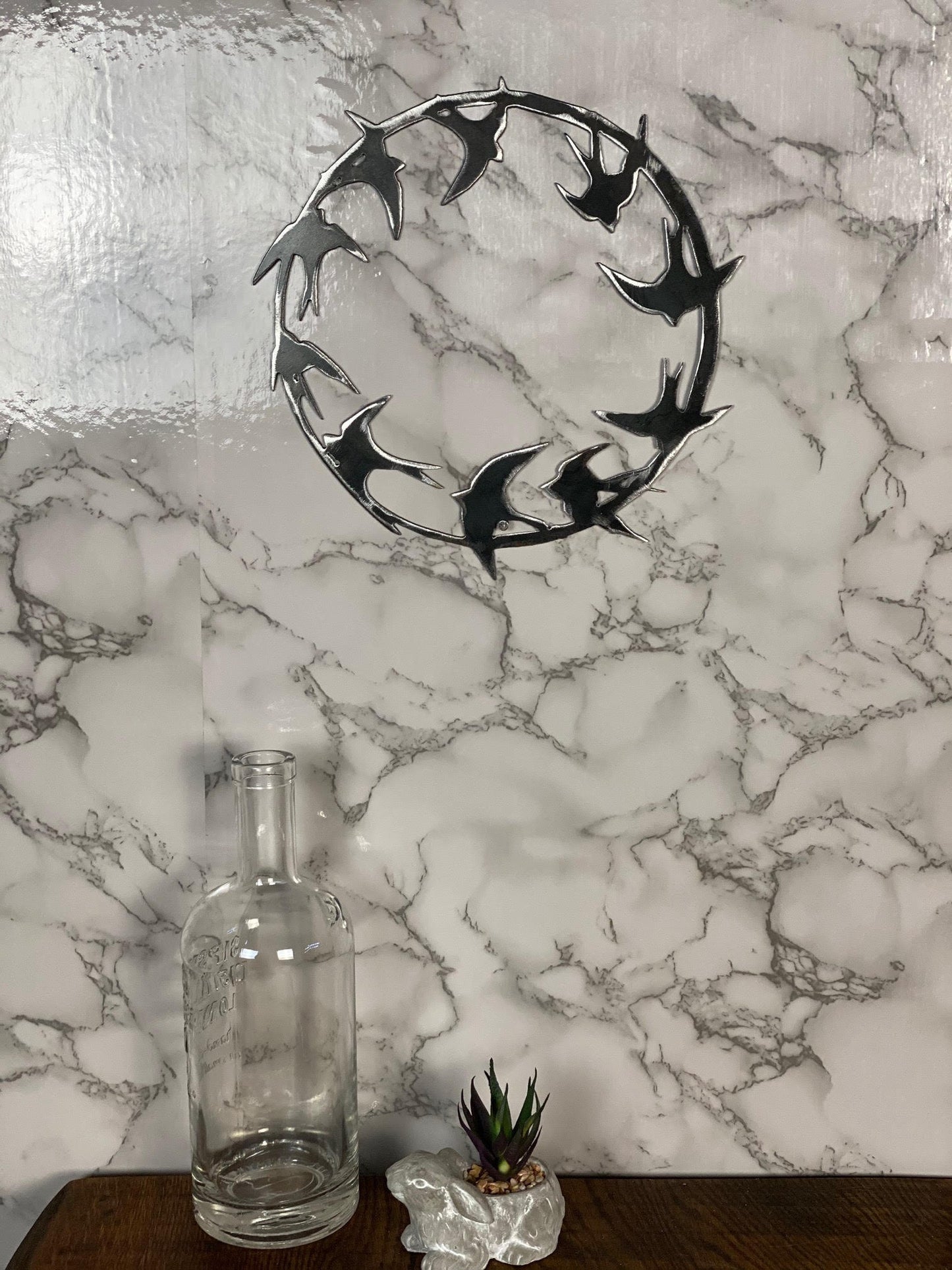 Swift Swallow Bird Wreath Hoop Circle Brushed Steel Wall Art Modern Home Desig image 0
