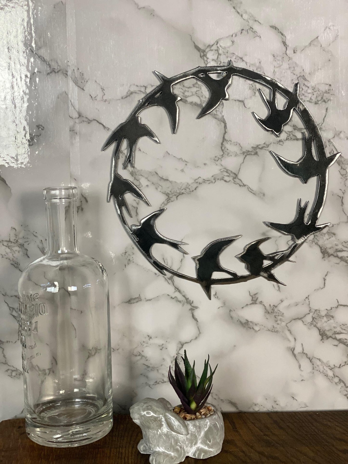 Swift Swallow Bird Wreath Hoop Circle Brushed Steel Wall Art Modern Home Desig image 3