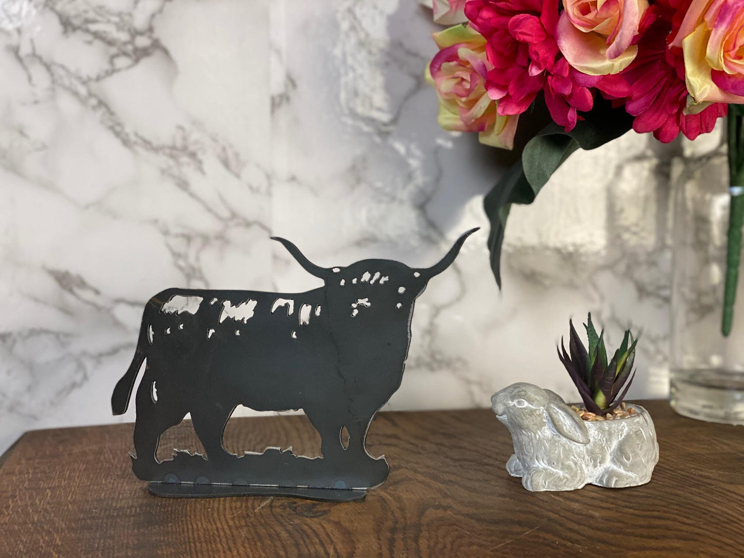 Higland Bull Cattle Cow Farm Animal Brushed Steel Metal Art Home Sculpture Int image 2