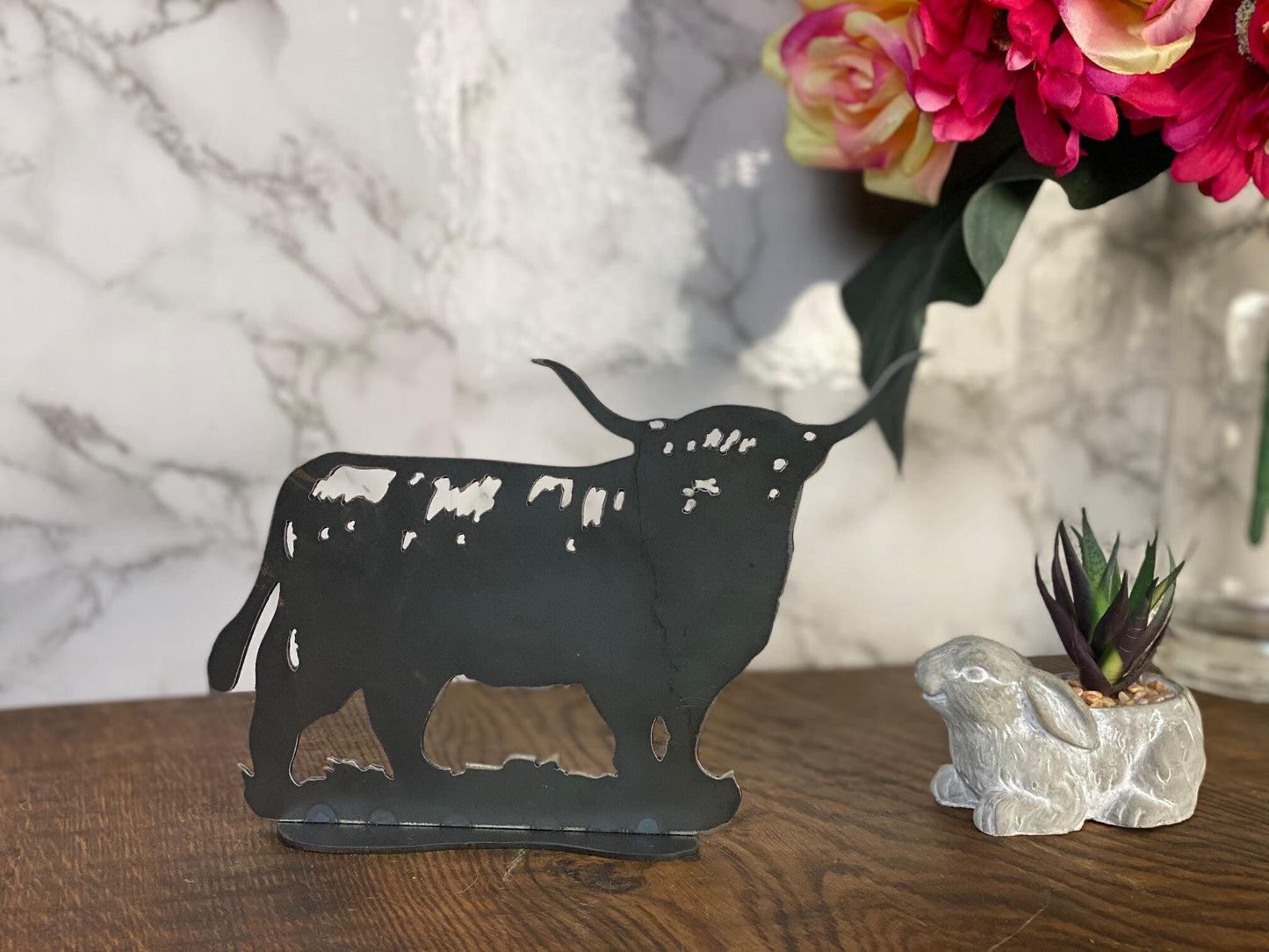 Higland Bull Cattle Cow Farm Animal Brushed Steel Metal Art Home Sculpture Int image 1