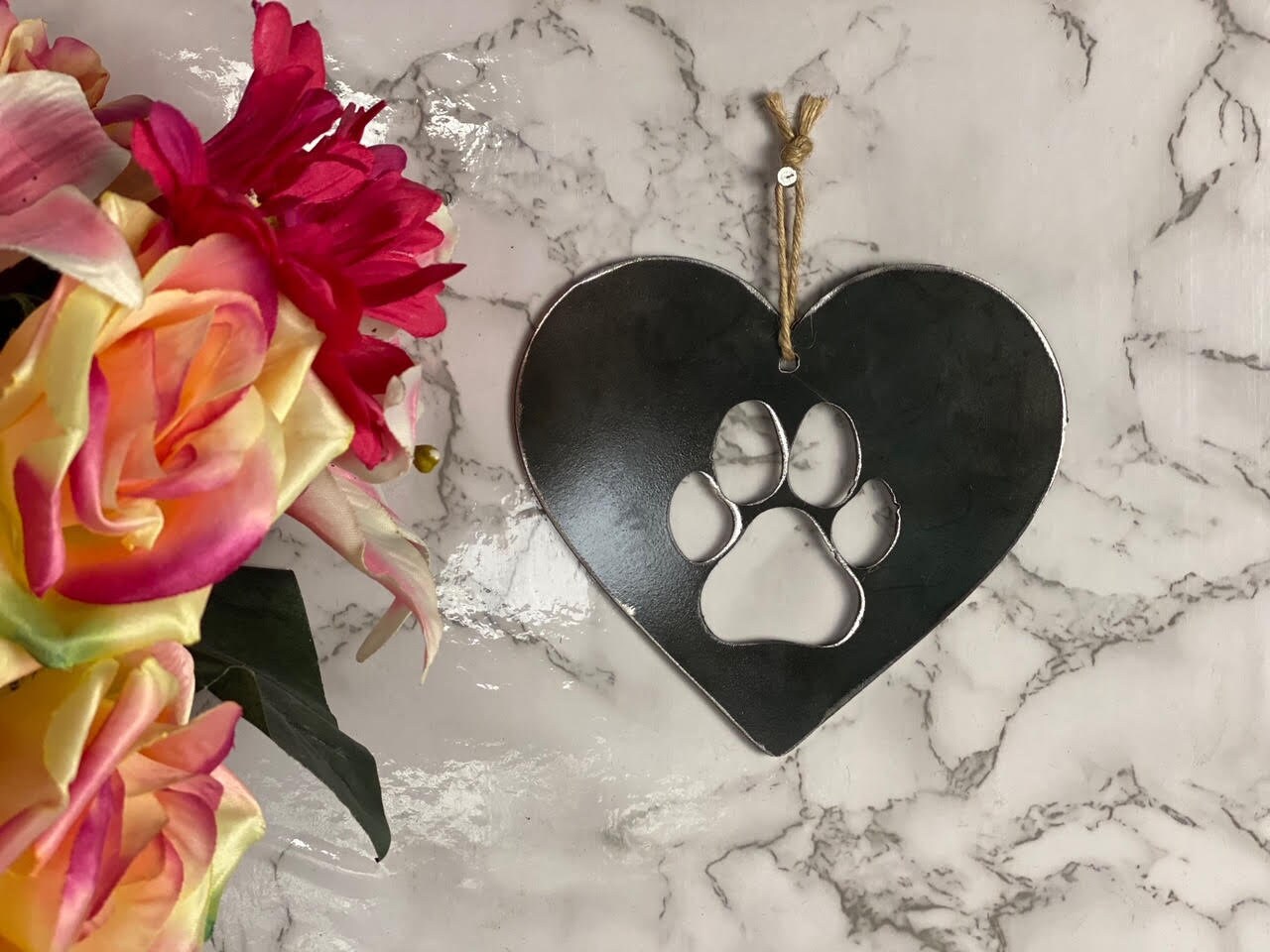 Dog Cat Paw Love Heart Pet Memorial Brushed Steel Effect Metal Art Wall Hangin image 0