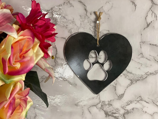 Dog Cat Paw Love Heart Pet Memorial Brushed Steel Effect Metal Art Wall Hangin image 0