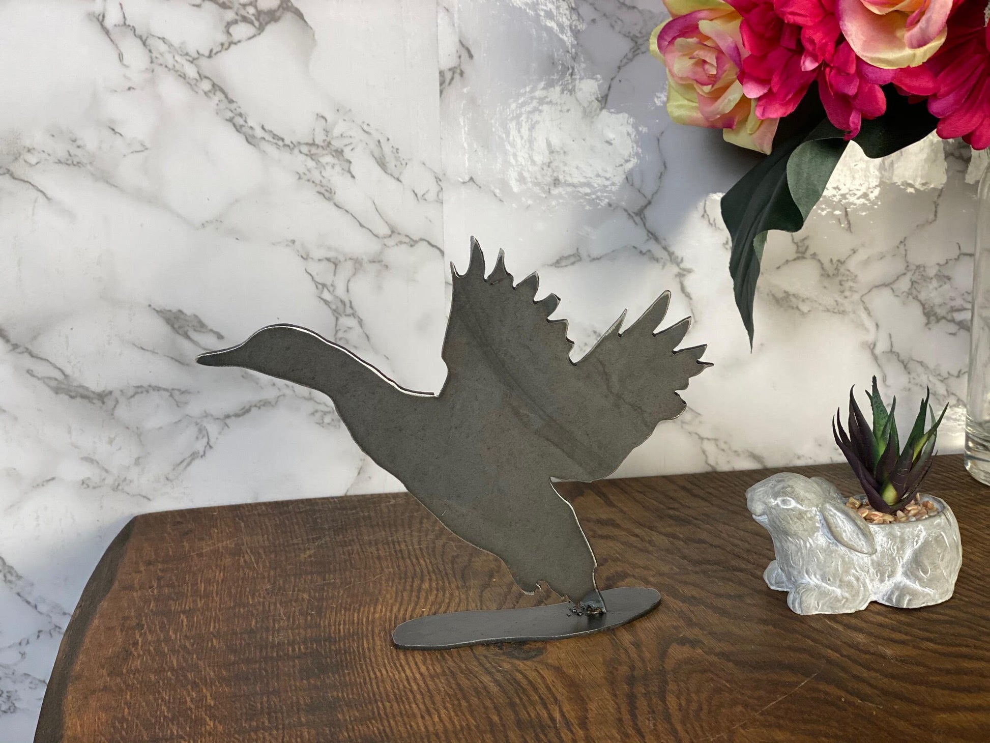 Flying Duck Bird Wildlife Brushed Steel Metal Art Home Sculpture Interior Desi image 1