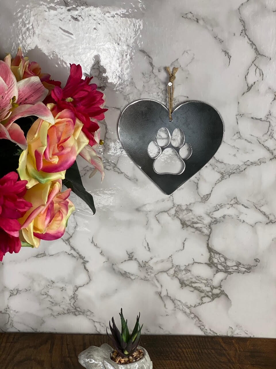 Dog Cat Paw Love Heart Pet Memorial Brushed Steel Effect Metal Art Wall Hangin image 2