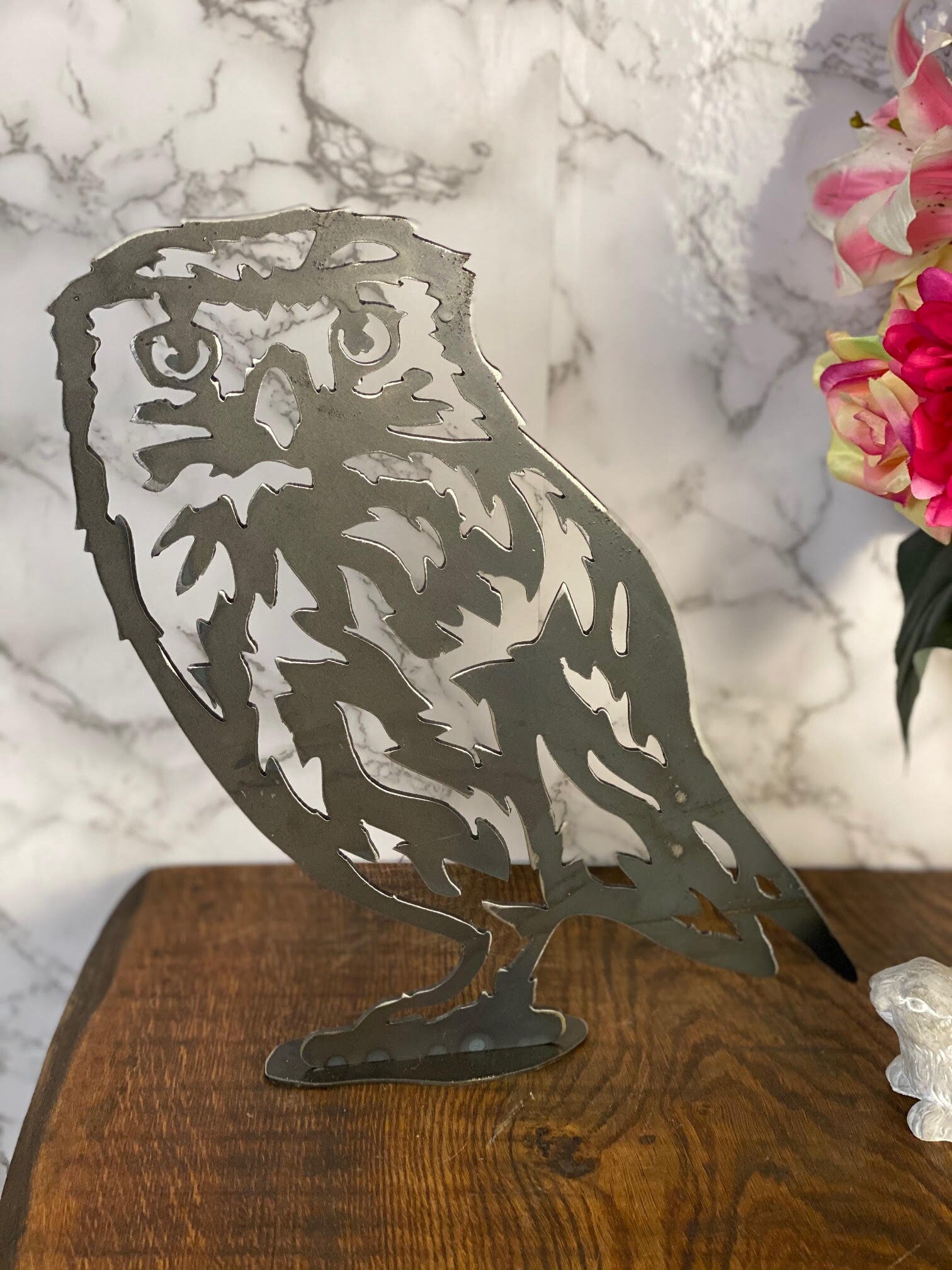 Little Owl Tawny Barn Bird Wildlife Brushed Steel Metal Art Home Sculpture Int image 1