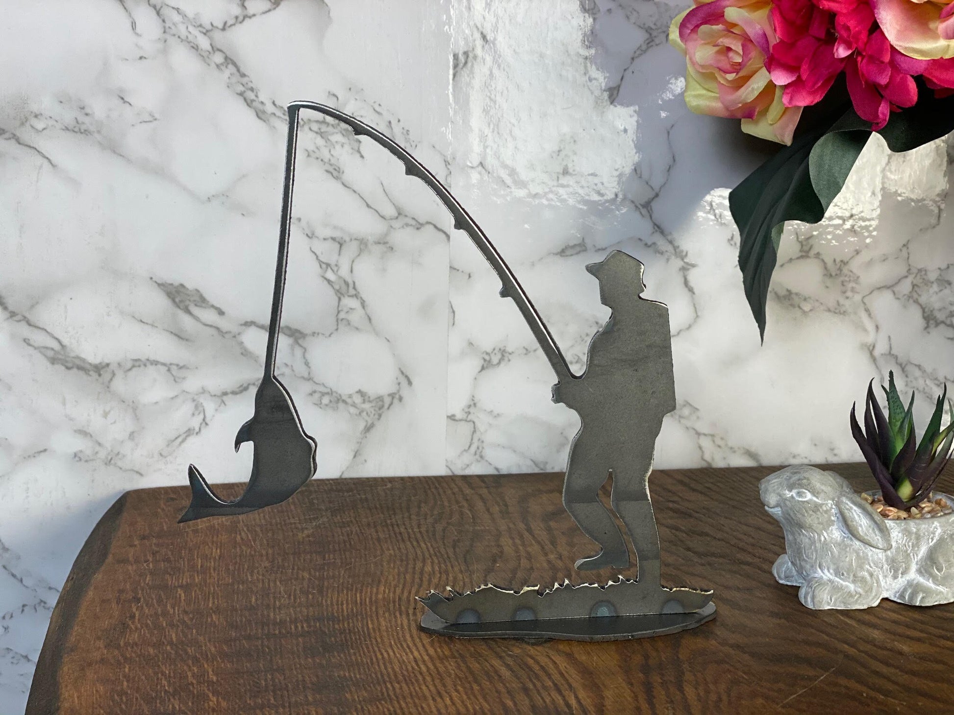 Fisherman Fishing Angeler Fish Brushed Steel Metal Art Home Sculpture Interior image 1