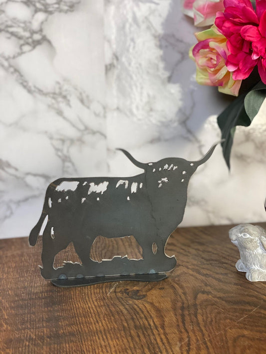 Higland Bull Cattle Cow Farm Animal Brushed Steel Metal Art Home Sculpture Int image 0