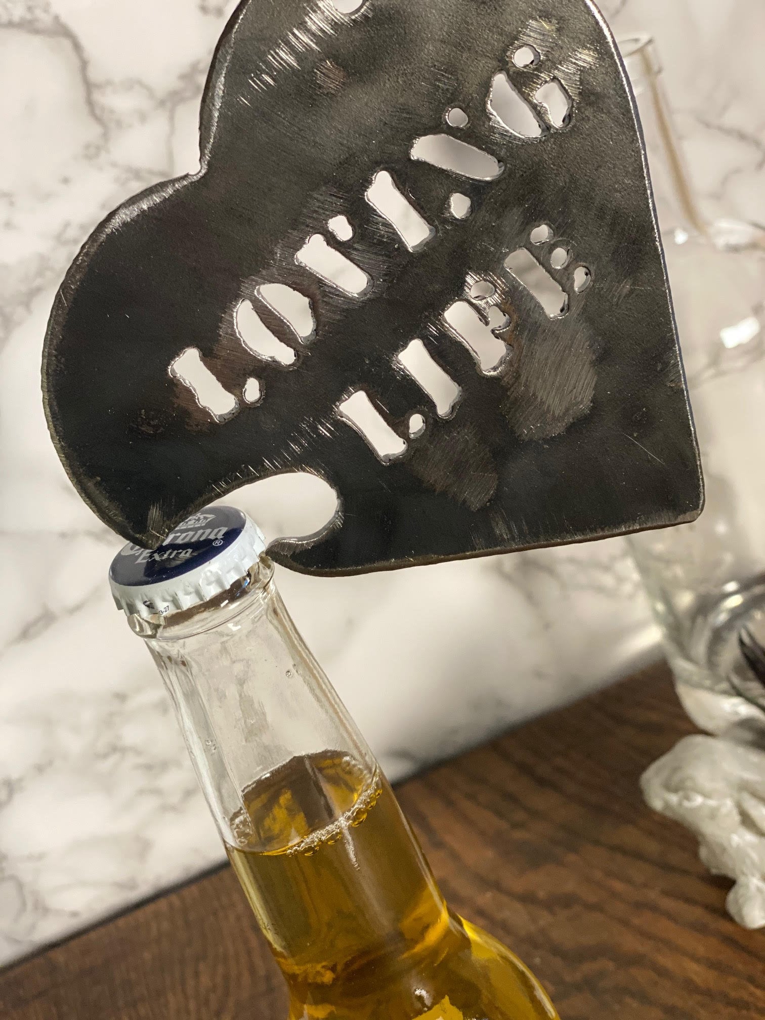 Love Heart Loving Life Bottle Opener Brushed Steel Home Interior Kitchen Utens image 1