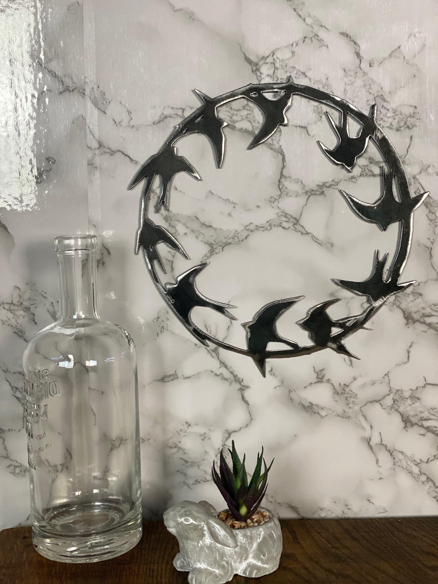 Swift Swallow Bird Wreath Hoop Circle Brushed Steel Wall Art Modern Home Desig image 3