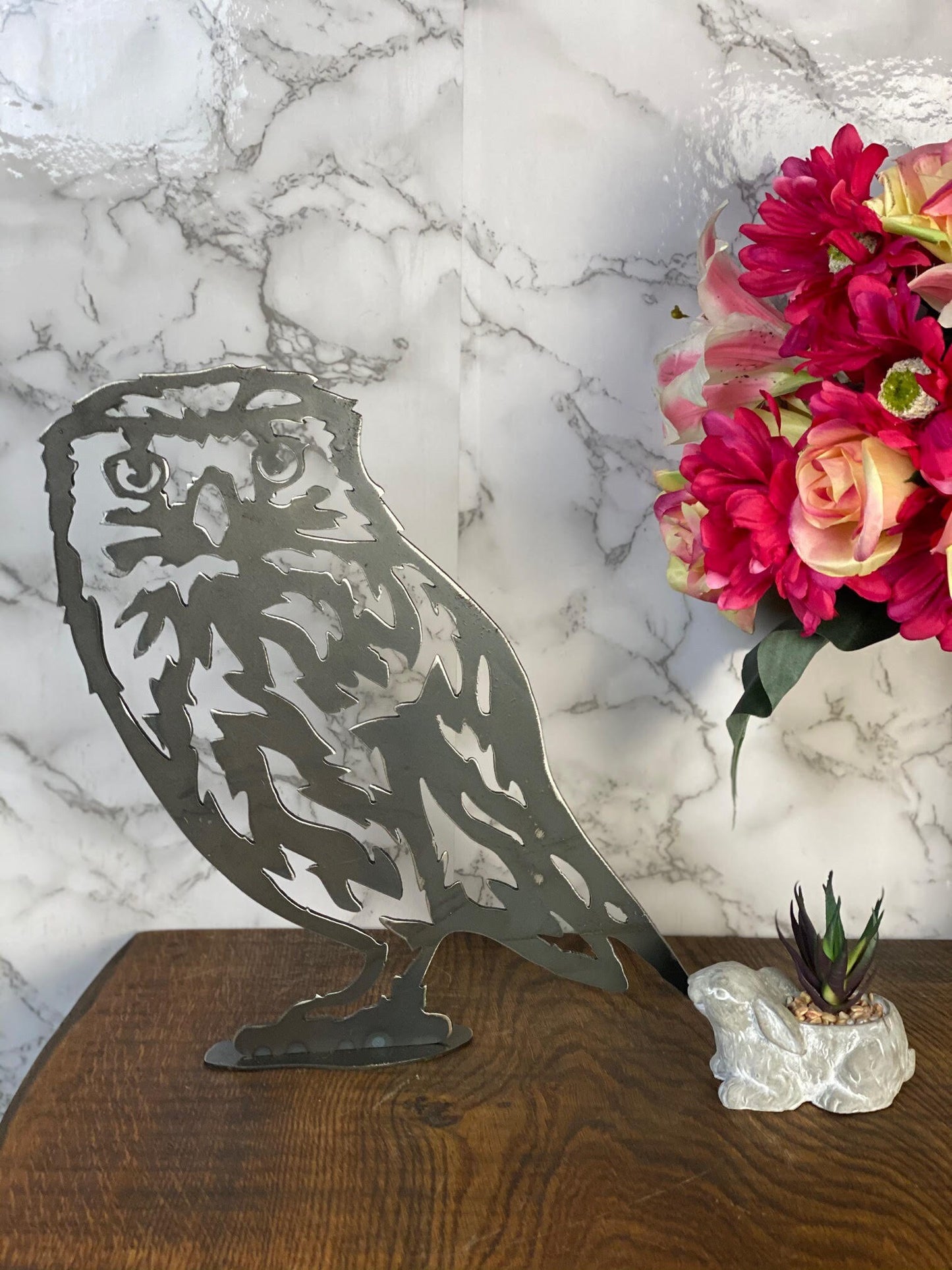 Little Owl Tawny Barn Bird Wildlife Brushed Steel Metal Art Home Sculpture Int image 0
