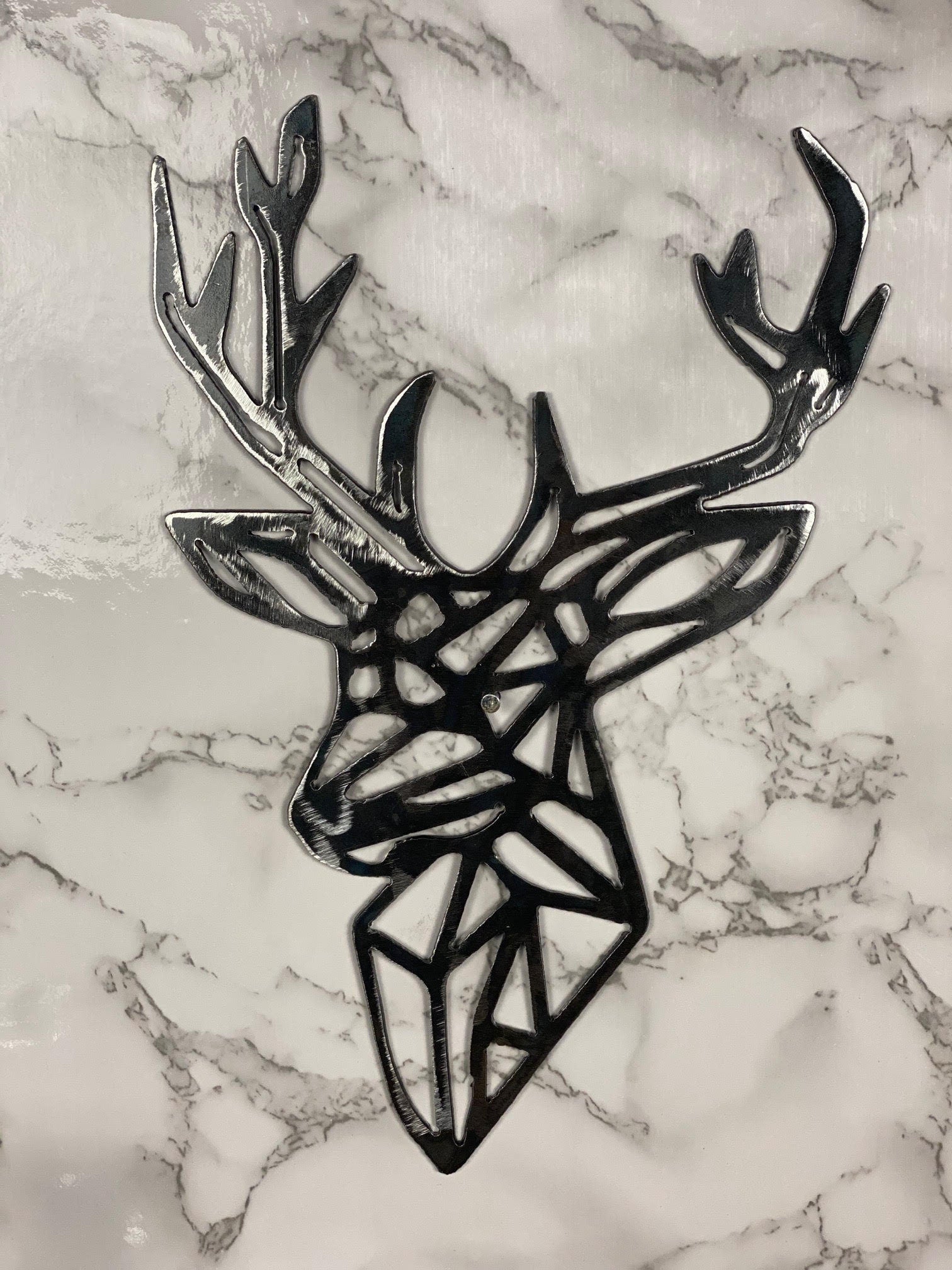 Geometric Stag Head Deer Stalking Hunting Shapes Brushed Steel Wall Art Modern image 1