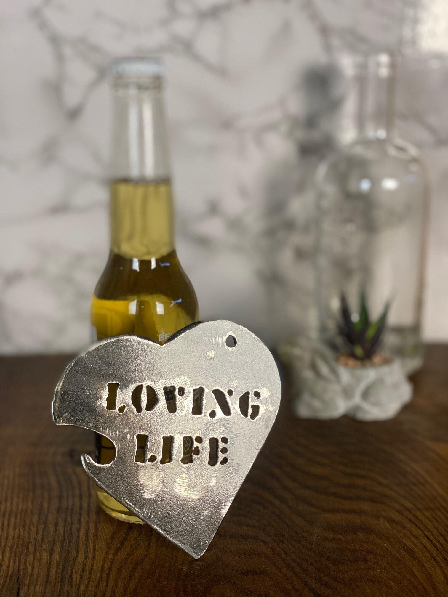 Love Heart Loving Life Bottle Opener Brushed Steel Home Interior Kitchen Utens image 0