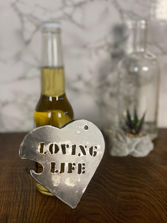 Love Heart Loving Life Bottle Opener Brushed Steel Home Interior Kitchen Utens image 0