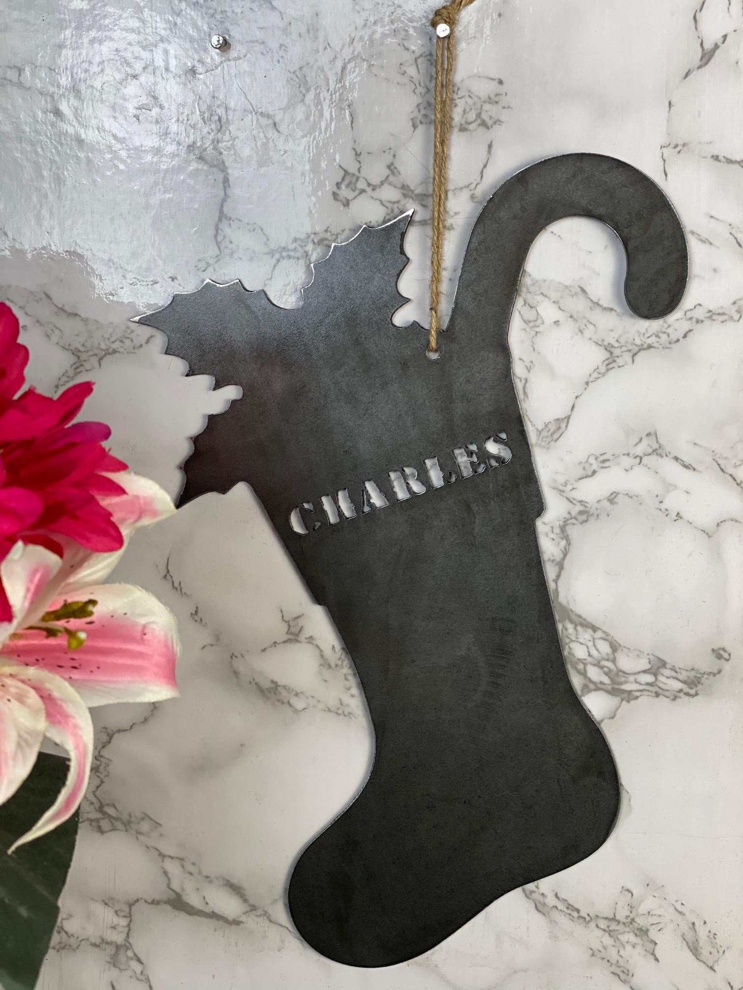 Personalised Stocking Santa Xmas HoHoHo Hanging Wall Art Brushed Steel Present image 2