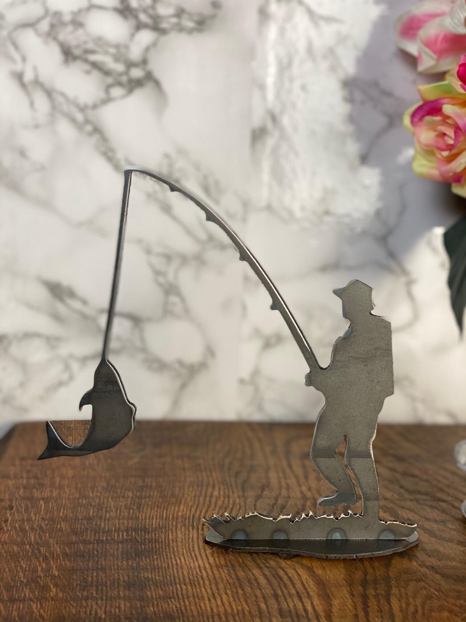 Fisherman Fishing Angeler Fish Brushed Steel Metal Art Home Sculpture Interior image 2
