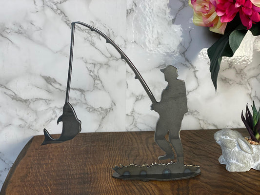 Fisherman Fishing Angeler Fish Brushed Steel Metal Art Home Sculpture Interior image 0