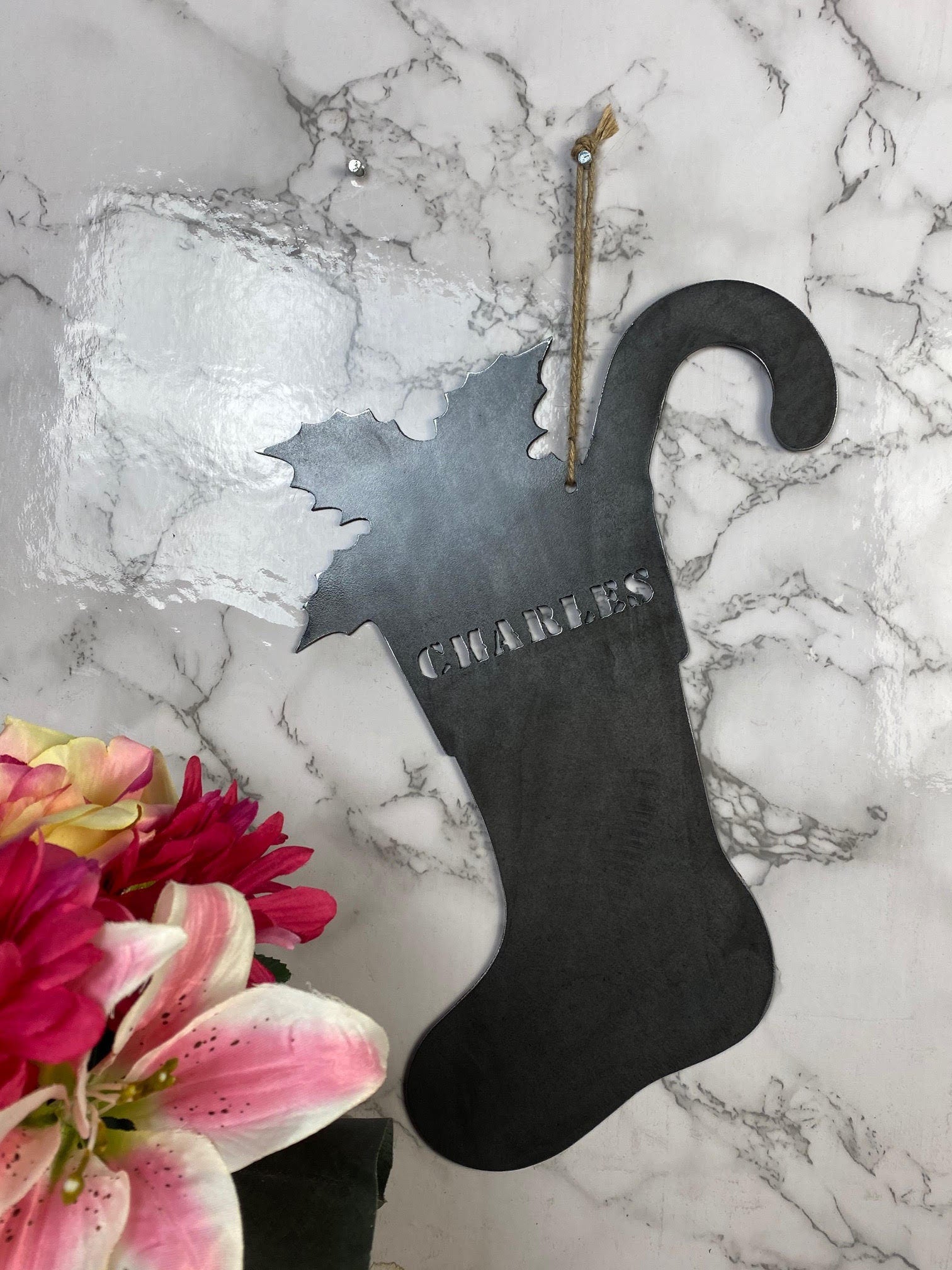 Personalised Stocking Santa Xmas HoHoHo Hanging Wall Art Brushed Steel Present image 0