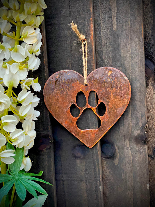 Love Heart Dog Cat Paw Pet Memorial Rustic Rusty Art Wall Hanging Present Gift image 0