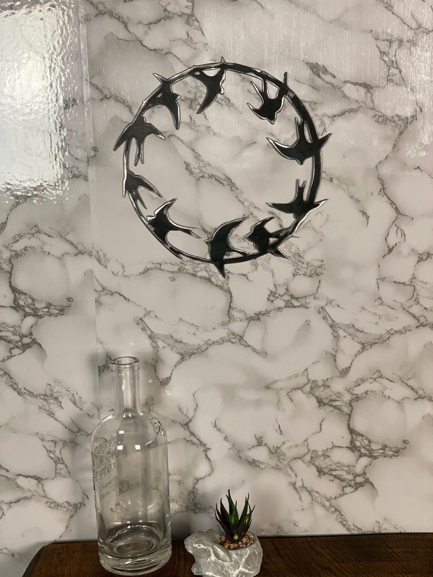 Swift Swallow Bird Wreath Hoop Circle Brushed Steel Wall Art Modern Home Desig image 2
